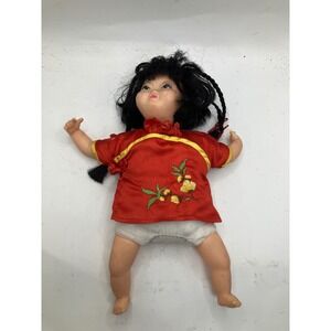 Vintage Asian Doll Black Hair Red Embroidered Dress‎ Collectible Toy Gift
